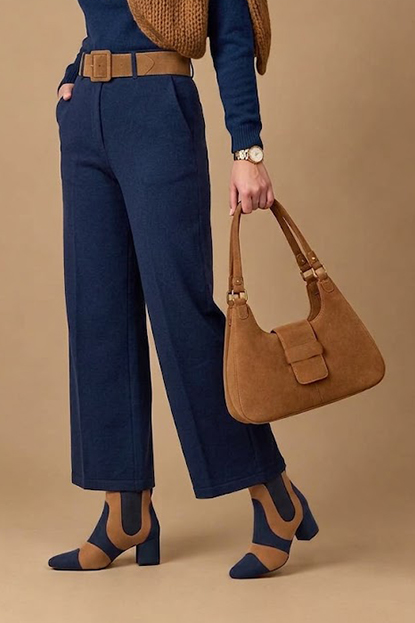 Dress ankle boots side elastics in navy blue and camel beige leather with low flare heels and round toe - Worn view